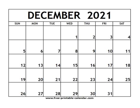 Printable December Calendar 2021